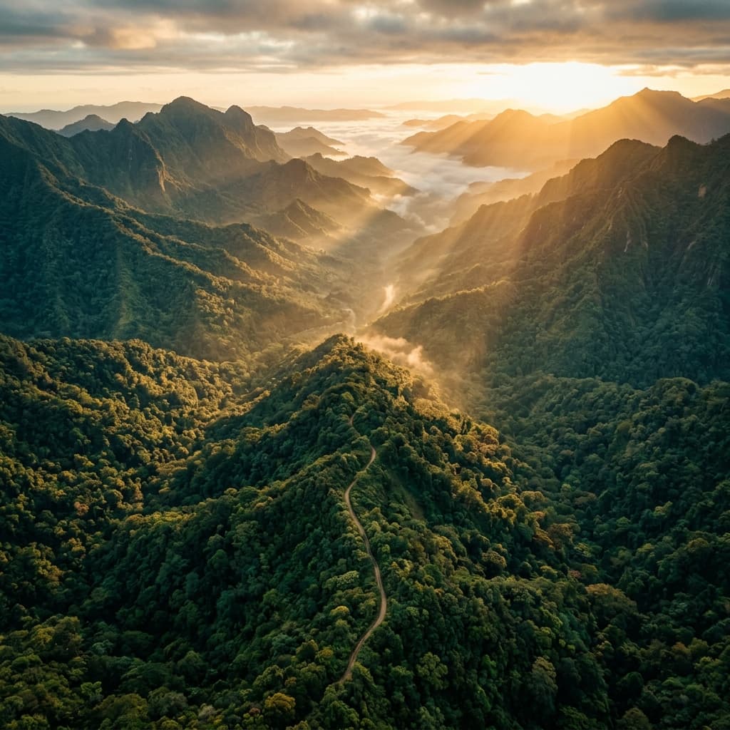 Breathtaking aerial view of a misty mountain valley at golden hour, dense rainforest stretching to the horizon